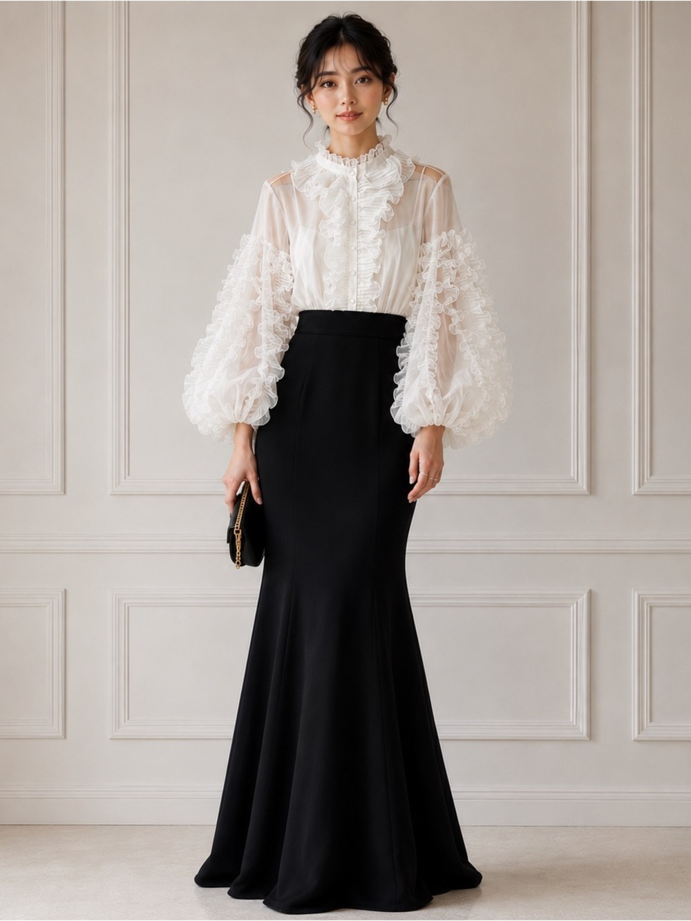 NWT Mac Duggal Black White Elegan Ruffle Puff Sleeve Evening Gown Size 2